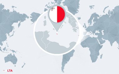 Amerika ile büyütülmüş Malta merkezli Dünya Haritası.