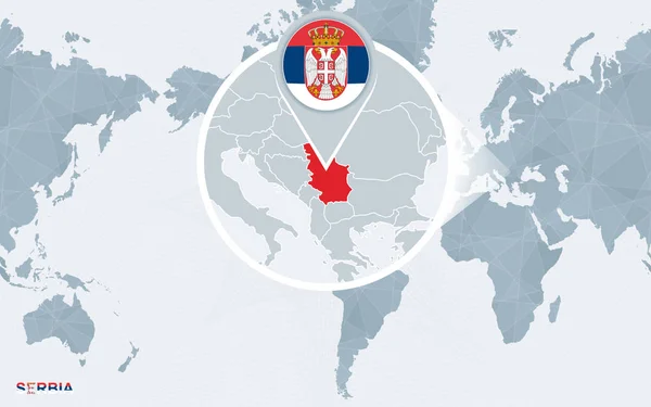 Mapa Del Mundo Centrado América Con Serbia Magnificada Bandera Azul — Vector de stock