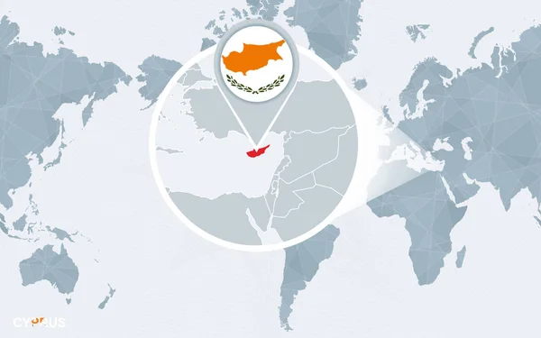 Mapa Del Mundo Centrado América Con Chipre Magnificado Bandera Azul — Vector de stock
