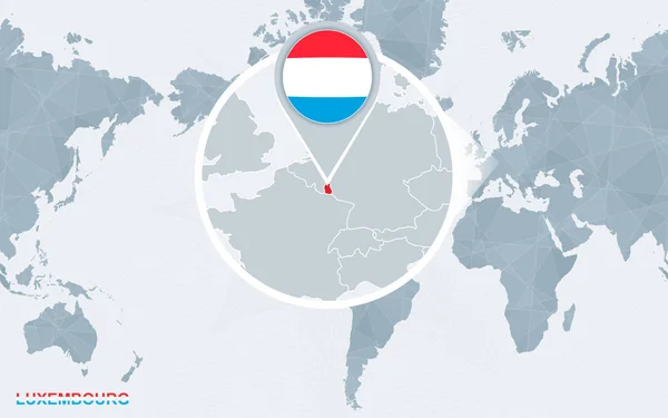 Wereld Kaart Gecentreerd Amerika Met Vergrote Luxemburg Blauwe Vlag Kaart — Stockvector