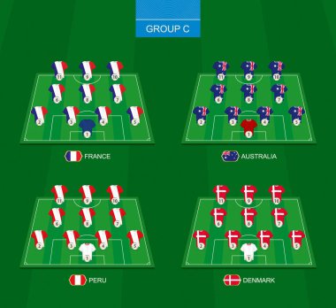 Uluslararası Futbol Turnuvası C grubu üyeleri ile futbol sahası: Fransa, Avustralya, Peru, Danimarka.