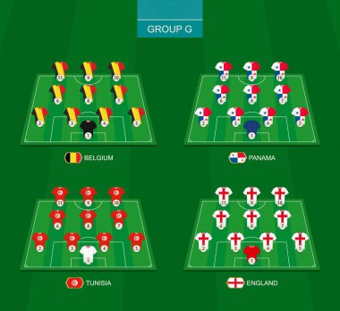 Uluslararası Futbol Turnuvası G grubu üyeleri ile futbol sahası: Belçika, Panama, Tunus, İngiltere.