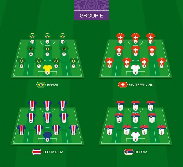 Uluslararası Futbol Turnuvası E grubu üyeleri ile futbol sahası: Brezilya, İsviçre, Kosta Rika, Sırbistan.
