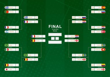 16, çeyrek finale ve yeşil futbol arka plan üzerinde yarı final turunun bayrak katılımcılarla Şampiyonası aparatı.