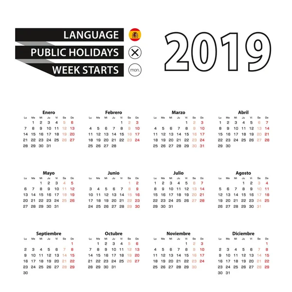 Calendar 2019 in Spanish language, week starts on Monday. — Stock Vector