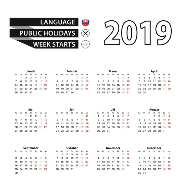 Calendar 2019 in Slovak language, week starts on Monday. — Stock Vector