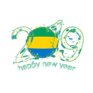 2019 seneler Gabon Cumhuriyeti bayrağı ile. Tatil grunge vektör çizim.