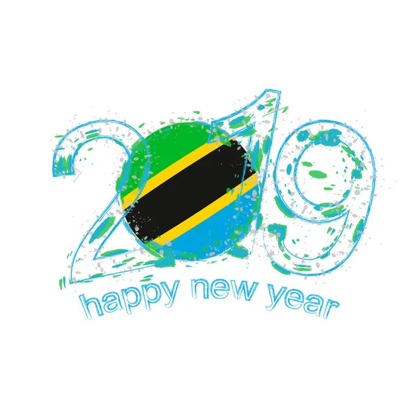 幸せな新しい 2019 年タンザニアの国旗 ホリデイ グランジ ベクトル イラスト — ストックベクタ