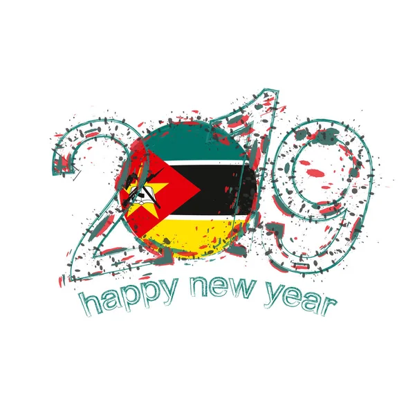 Feliz Ano Novo 2019 Com Bandeira Moçambique Férias Grunge Ilustração —  Vetores de Stock