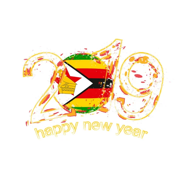 Feliz Ano Novo 2019 Com Bandeira Zimbábue Férias Grunge Ilustração —  Vetores de Stock