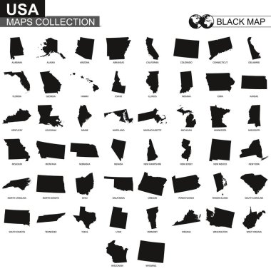 ABD Birleşik, siyah kontur haritaları bize topluluğu devlet eşleştirir. Vektör set.