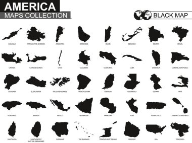 Amerika, Amerika'nın siyah kontur haritaları koleksiyonu ülkeleri eşleştirir. Vektör set.