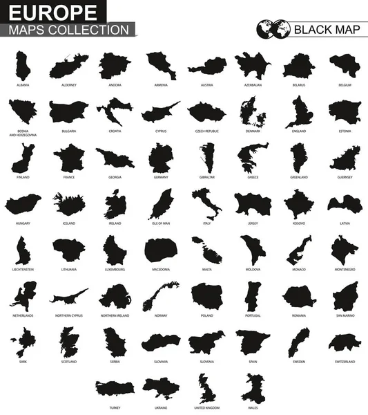 Mapas Países Europa Mapas Contorno Negro Europa Conjunto Vectores — Vector de stock