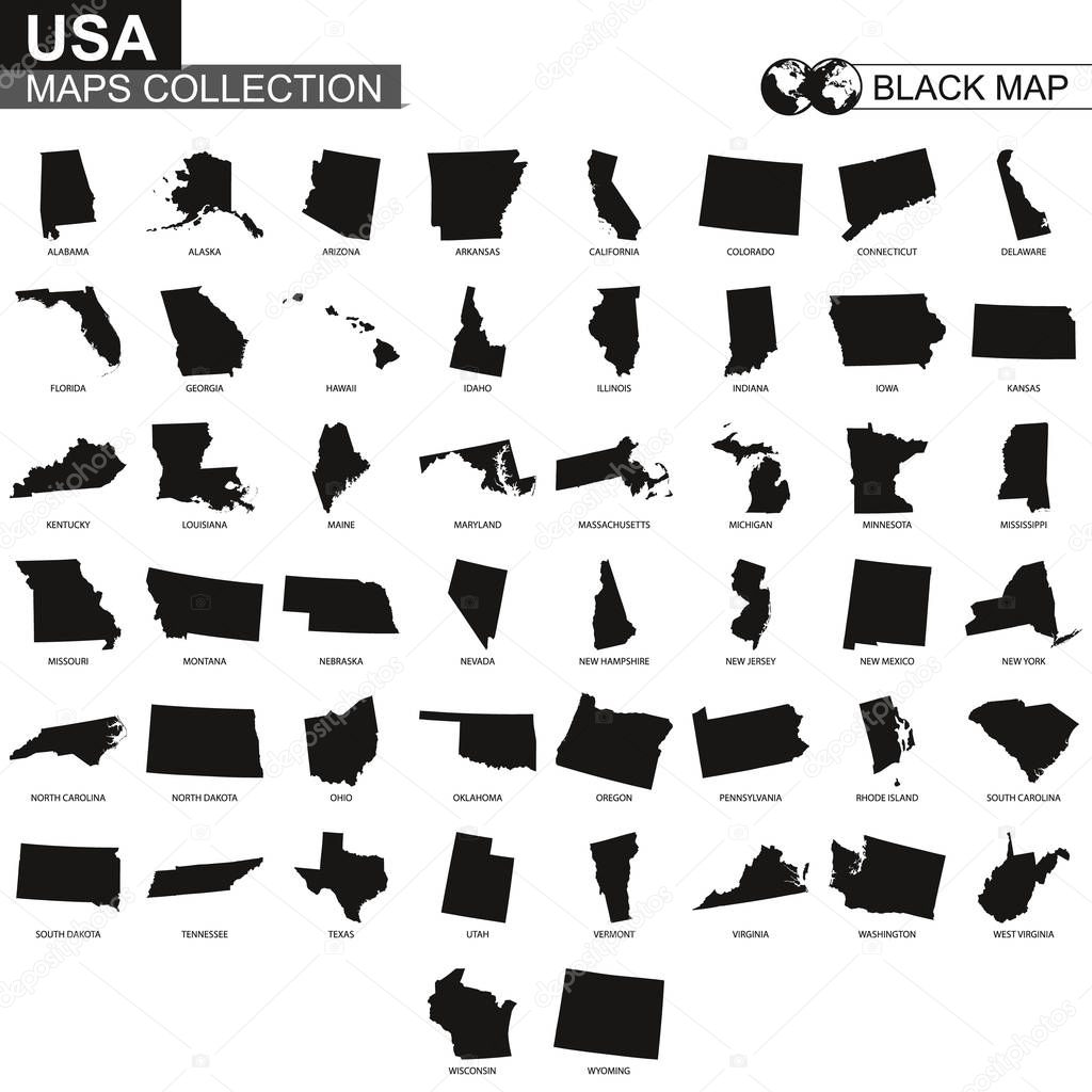 Maps collection of USA states, black contour maps of US state. Vector set.