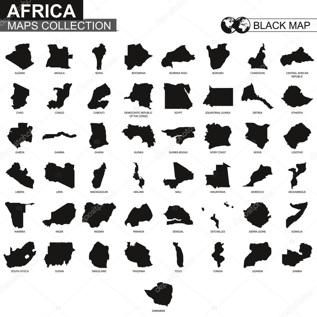 Maps collection countries of Africa, black contour maps of Africa. Vector set.