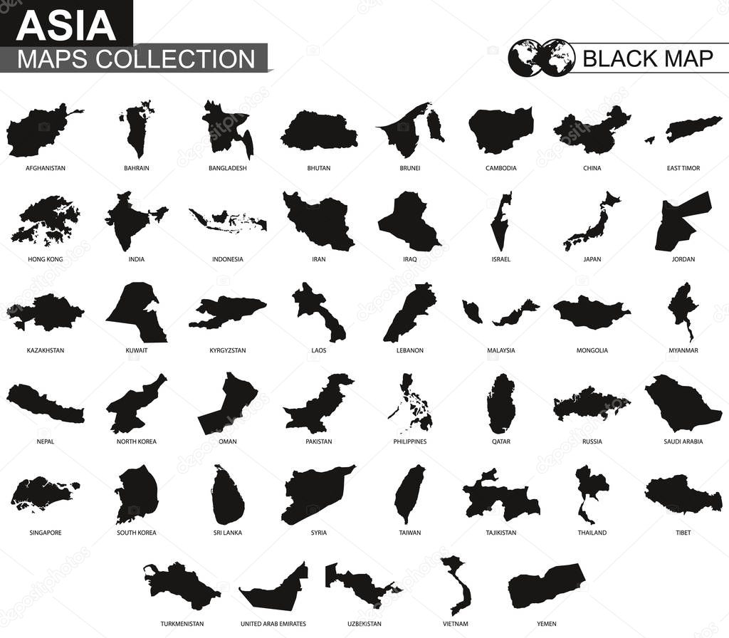 Maps collection countries of Asia, black contour maps of Asia. Vector set.
