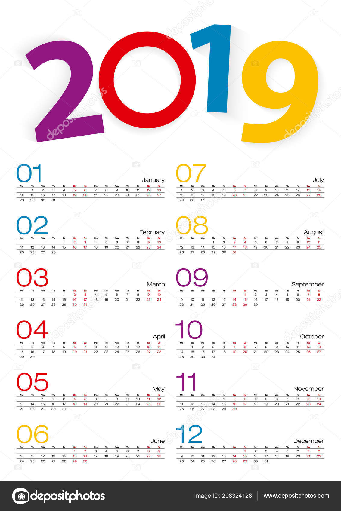 カレンダー 19 すべての月 週間の行 ベクトル図 ストックベクター C Boldg