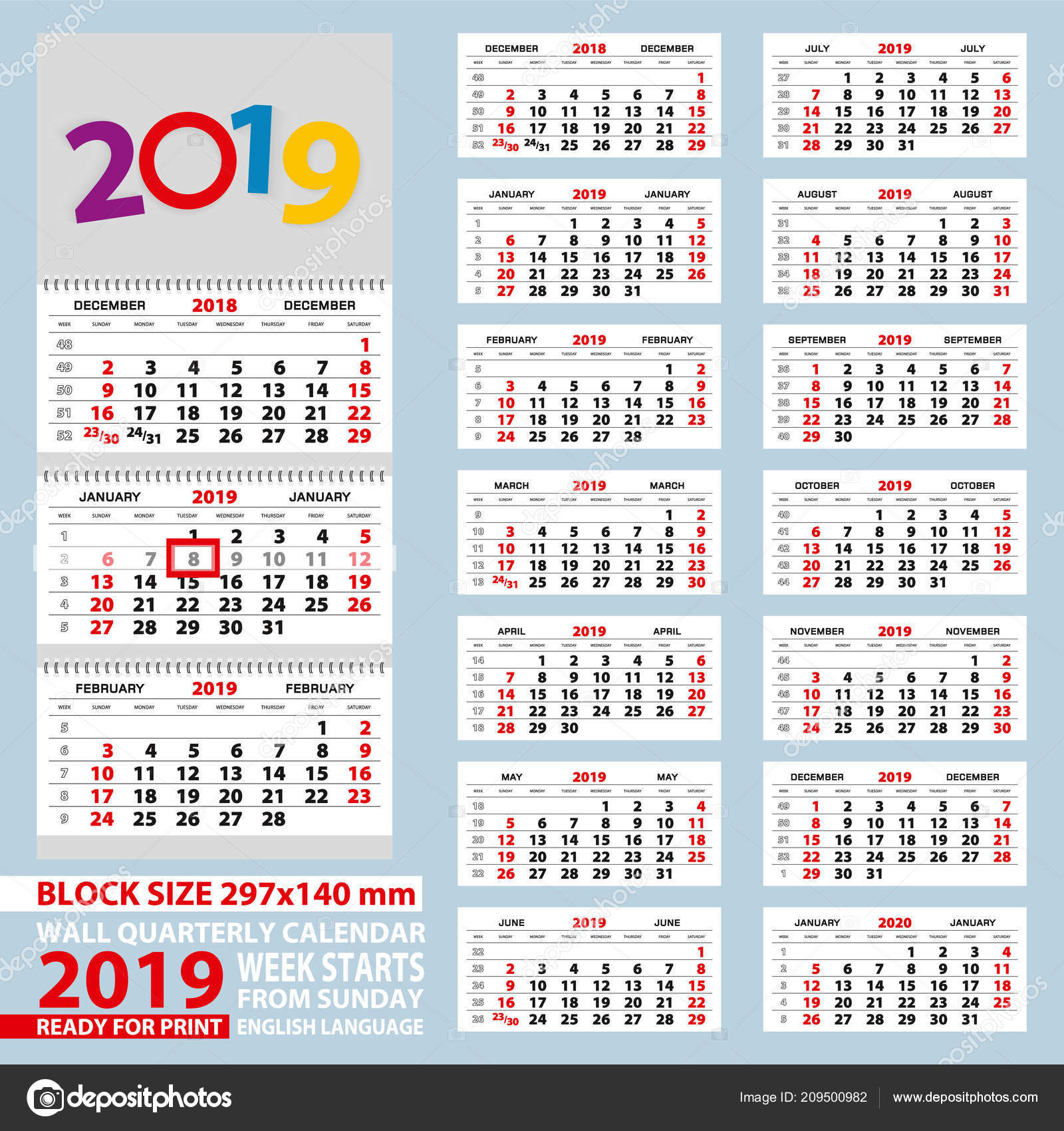 Wall Calendar 19 Week Start Sunday Size Block Size 297x140 Stock Vector Image By C Boldg