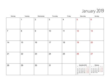 Ocak 2019 basit Takvim Planlayıcısı, hafta Pazartesi başlıyor..