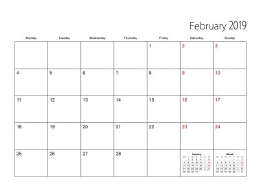 Şubat 2019 basit Takvim Planlayıcısı, hafta Pazartesi başlıyor..