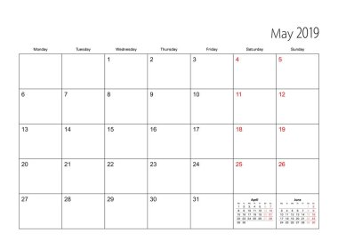 Mayıs 2019 basit Takvim Planlayıcısı, hafta Pazartesi başlıyor..