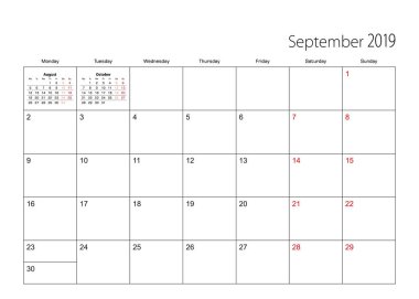 Eylül 2019 basit Takvim Planlayıcısı, hafta Pazartesi başlıyor..