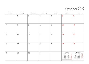 Ekim 2019 basit Takvim Planlayıcısı, hafta Pazartesi başlıyor..