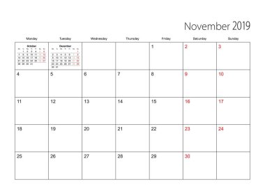 Kasım 2019 basit Takvim Planlayıcısı, hafta Pazartesi başlıyor..