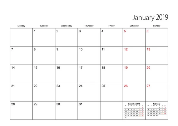 Enero 2019 Planificador Calendario Simple Semana Comienza Desde Lunes — Vector de stock