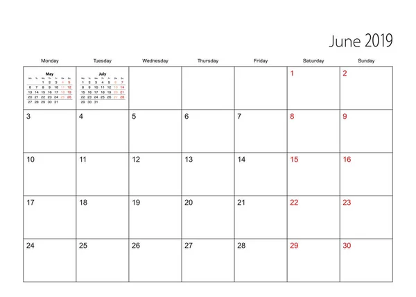 Junho 2019 Planejador Calendário Simples Semana Começa Partir Segunda Feira — Vetor de Stock