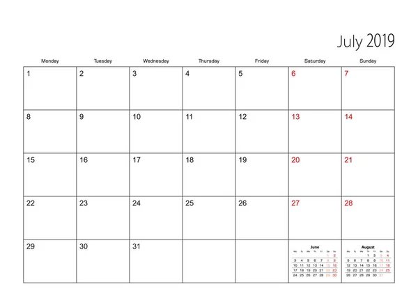 Ιουλίου 2019 Απλό Ημερολόγιο Planner Εβδομάδα Που Ξεκινά Από Δευτέρα — Διανυσματικό Αρχείο