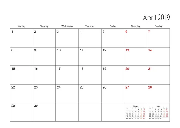 April 2019 Einfacher Kalenderplaner Die Woche Beginnt Montag — Stockvektor