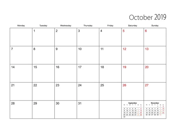 Octobre 2019 Calendrier Simple Planificateur Semaine Commence Partir Lundi — Image vectorielle