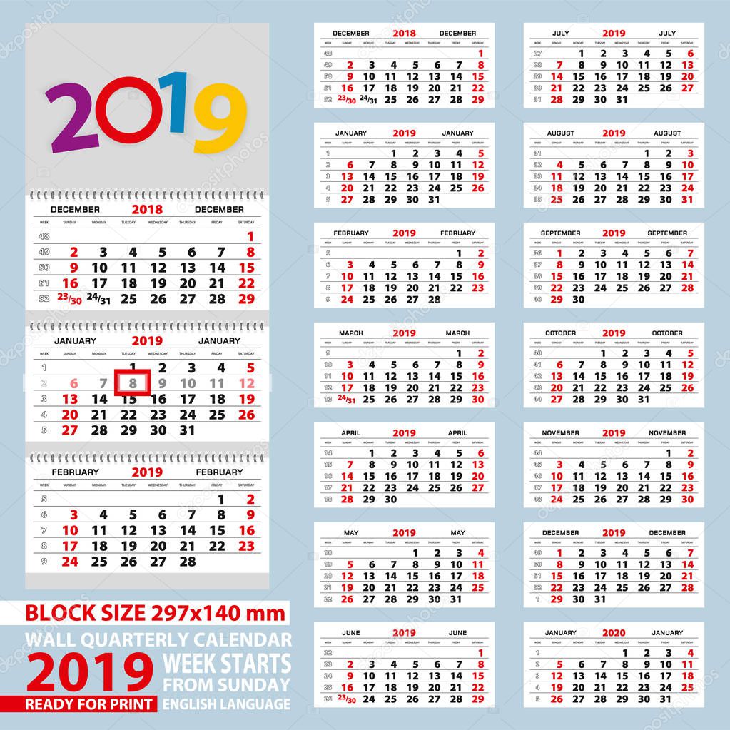 Wall calendar 2019, week start from Sunday. Size A4, block size 297x140 mm. Vector Illustration.