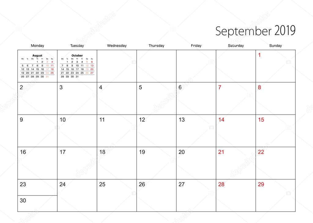 September 2019 simple calendar planner, week starts from Monday.