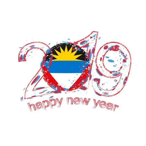 Feliz Año Nuevo 2019 Con Bandera Antigua Barbuda Grunge Vacaciones — Vector de stock