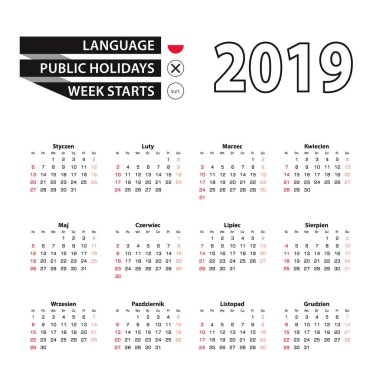 2019 takvim Polonya dilinde haftası Pazar başlar. Vektör çizim.