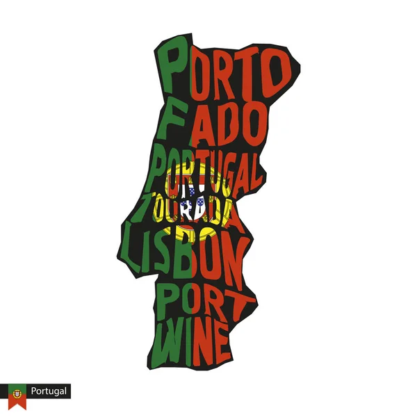 Tipografia Mapa Silhueta Portugal Cores Preto Bandeira Ilustração Vetorial — Vetor de Stock