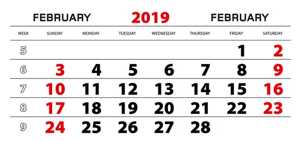 Calendário Parede 2019 Para Fevereiro Início Semana Partir Domingo Tamanho — Vetor de Stock