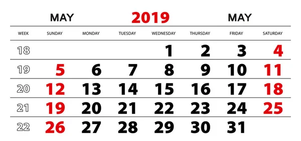 Ημερολόγιο Τοίχου 2019 Για Τον Μάιο Την Εβδομάδα Έναρξης Από — Διανυσματικό Αρχείο