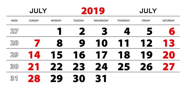Ημερολόγιο Τοίχου 2019 Για Τον Ιούλιο Έναρξη Την Εβδομάδα Από — Διανυσματικό Αρχείο