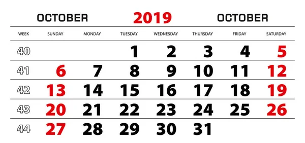 Kalendarz Ścienny 2019 Października Start Tydzień Niedzieli Wielkość Bloku 297 — Wektor stockowy