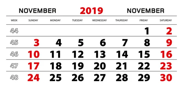 Calendário Parede 2019 Para Novembro Início Semana Partir Domingo Tamanho — Vetor de Stock
