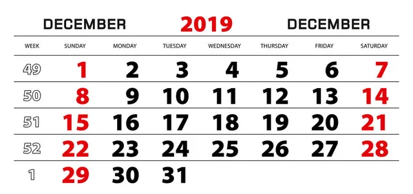 Calendário Parede 2019 Para Dezembro Início Semana Partir Domingo Tamanho — Vetor de Stock
