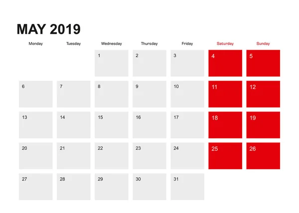 2019 Projeto Calendário Planejador Maio Semana Começa Partir Segunda Ilustração — Vetor de Stock