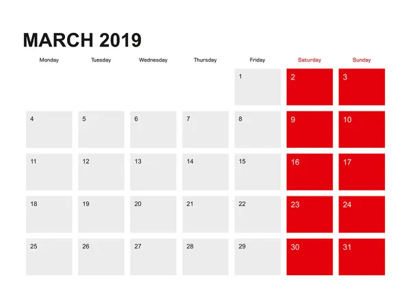 2019 Projeto Calendário Planejador Março Semana Começa Partir Segunda Ilustração — Vetor de Stock