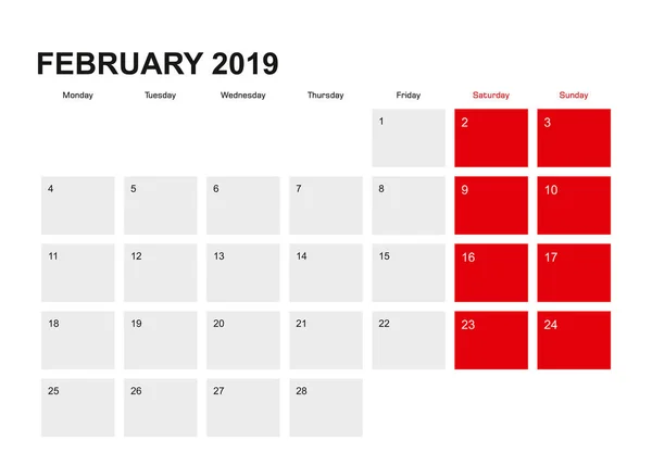 2019 Design Calendário Planejador Fevereiro Semana Começa Partir Segunda Ilustração — Vetor de Stock