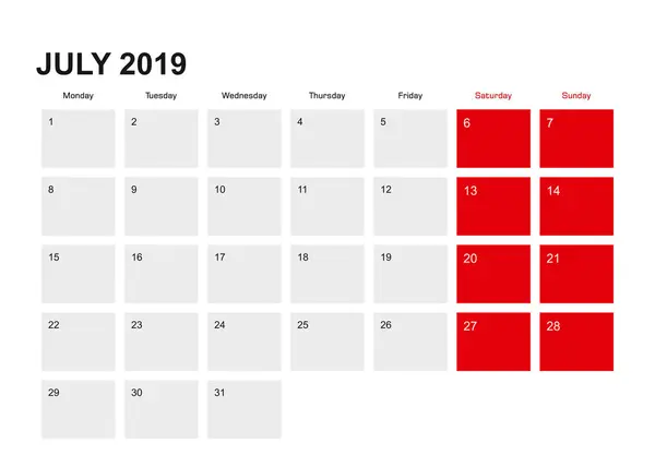 Σχεδιασμός Ημερολογίου 2019 Ιουλίου Planner Την Εβδομάδα Που Ξεκινά Από — Διανυσματικό Αρχείο