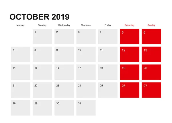 2019 October Planner Calendar Design Week Starts Monday Vector Illustration — Stock Vector