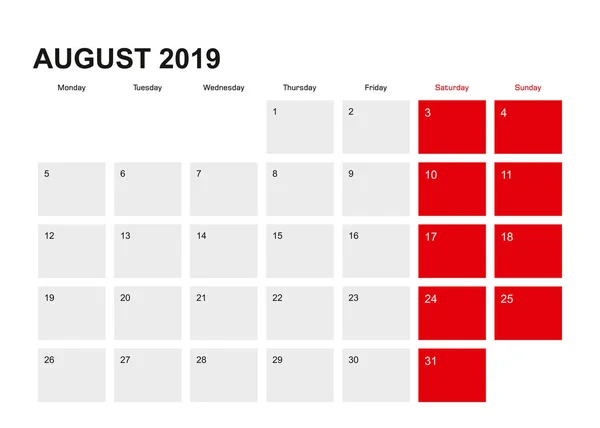 2019 Projeto Calendário Planejador Agosto Semana Começa Partir Segunda Ilustração — Vetor de Stock